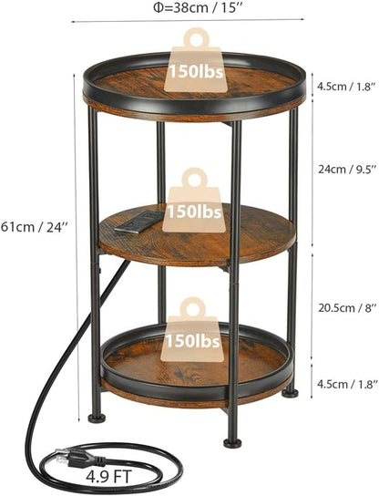 round Side Table with Charging Station, End Table with 3 Shelves for Living Room, Bedroom Nightstand for Small Spaces, Industrial round Sofa Table with Steel Frame (Usb+Rustic Brown)