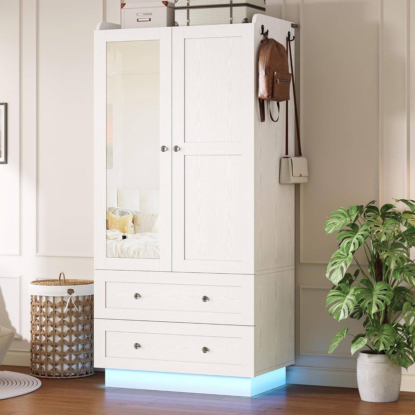Wardrobe Closet with LED Light & Mirror, Wooden Modern Armoire with 2 Drawers and Hanging Rod, Large Capacity Storage Closet for Bedroom, White