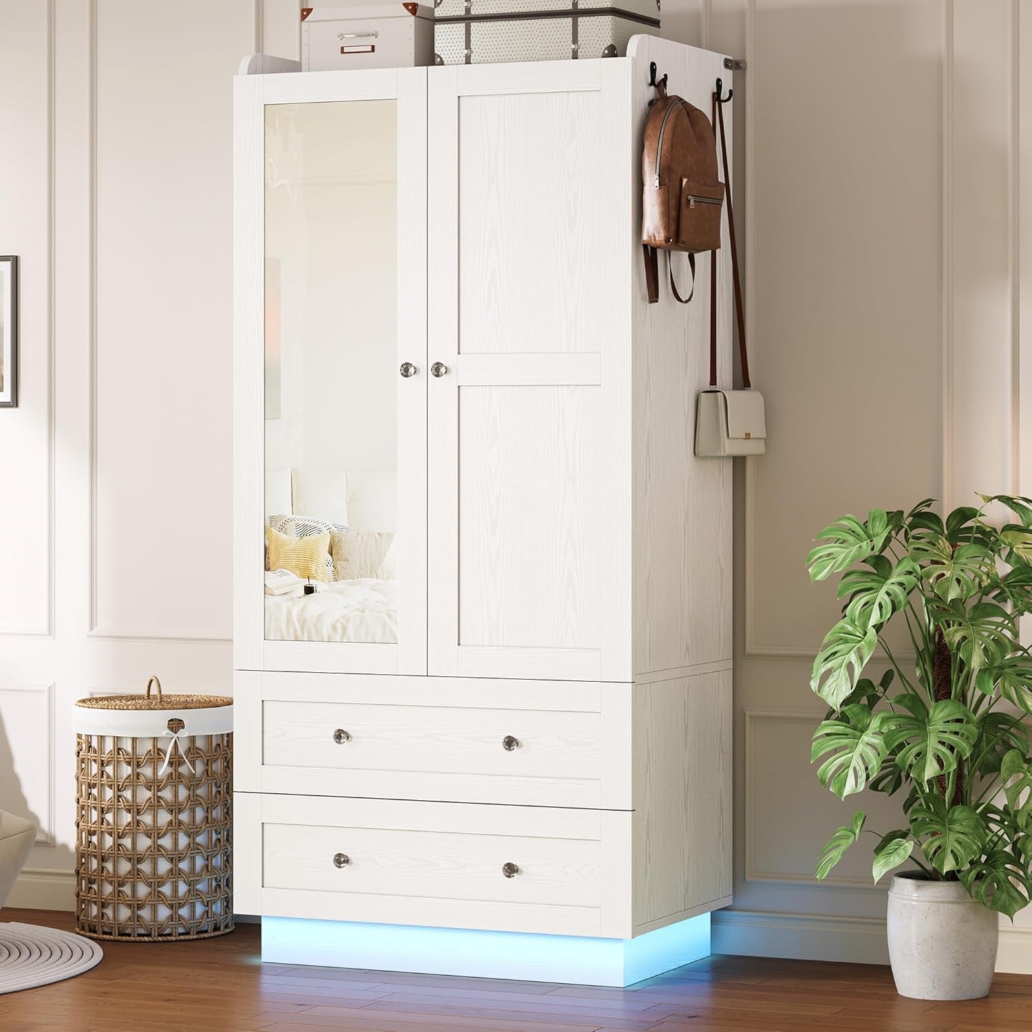Wardrobe Closet with LED Light & Mirror, Wooden Modern Armoire with 2 Drawers and Hanging Rod, Large Capacity Storage Closet for Bedroom, White