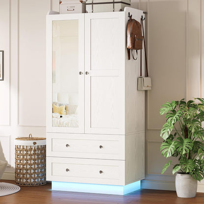 Wardrobe Closet with LED Light & Mirror, Wooden Modern Armoire with 2 Drawers and Hanging Rod, Large Capacity Storage Closet for Bedroom, White