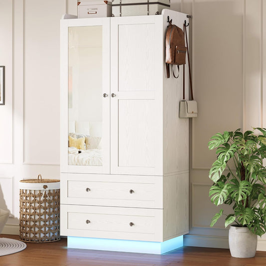 Wardrobe Closet with LED Light & Mirror, Wooden Modern Armoire with 2 Drawers and Hanging Rod, Large Capacity Storage Closet for Bedroom, White