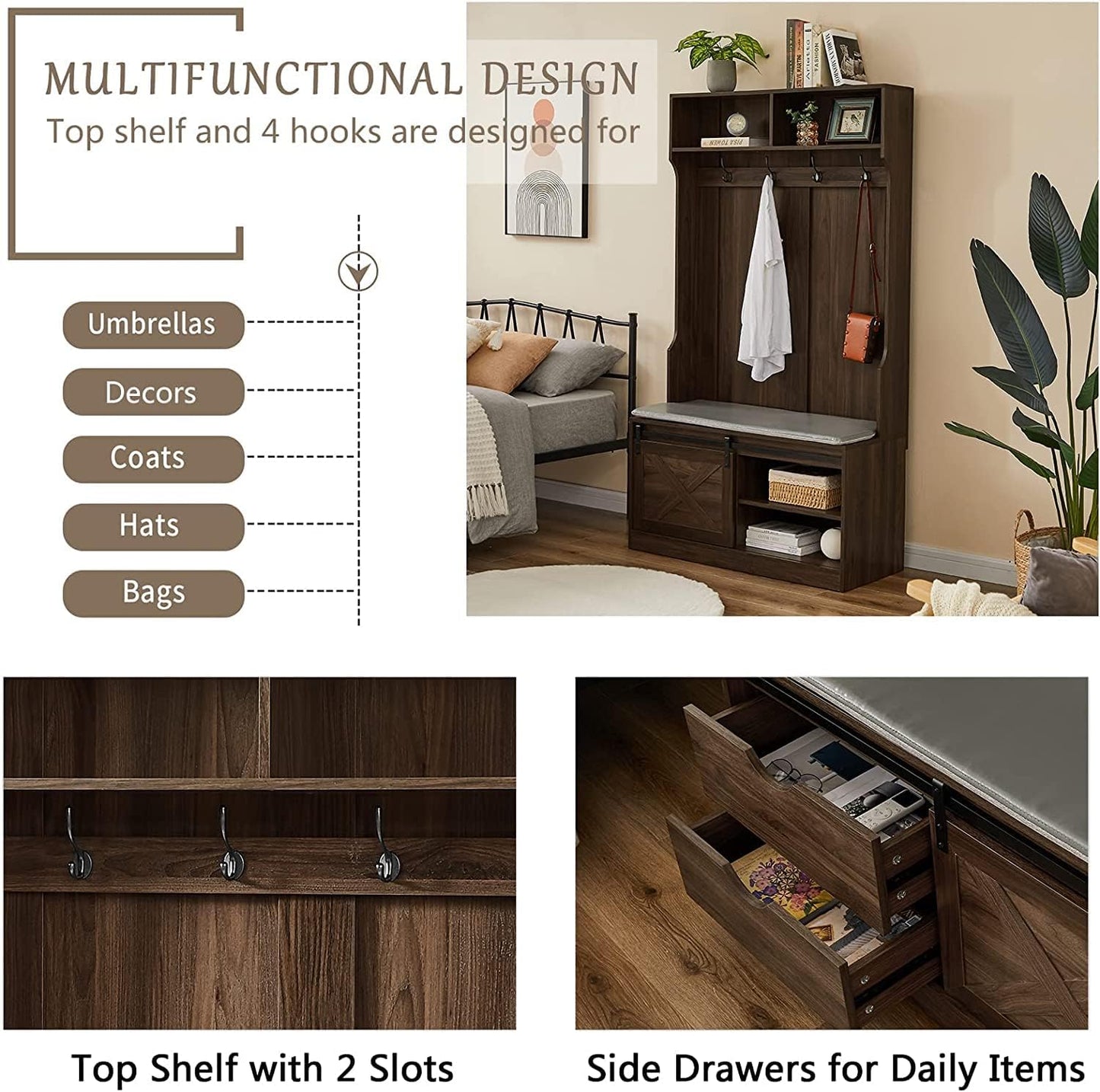 Hall Trees with Bench and Coat Racks, Farmhouse 71 Inch Entryway Bench with Sliding Barn Door, Wood Coat Tree Mudroom Storage Benches with Drawers (Walnut)
