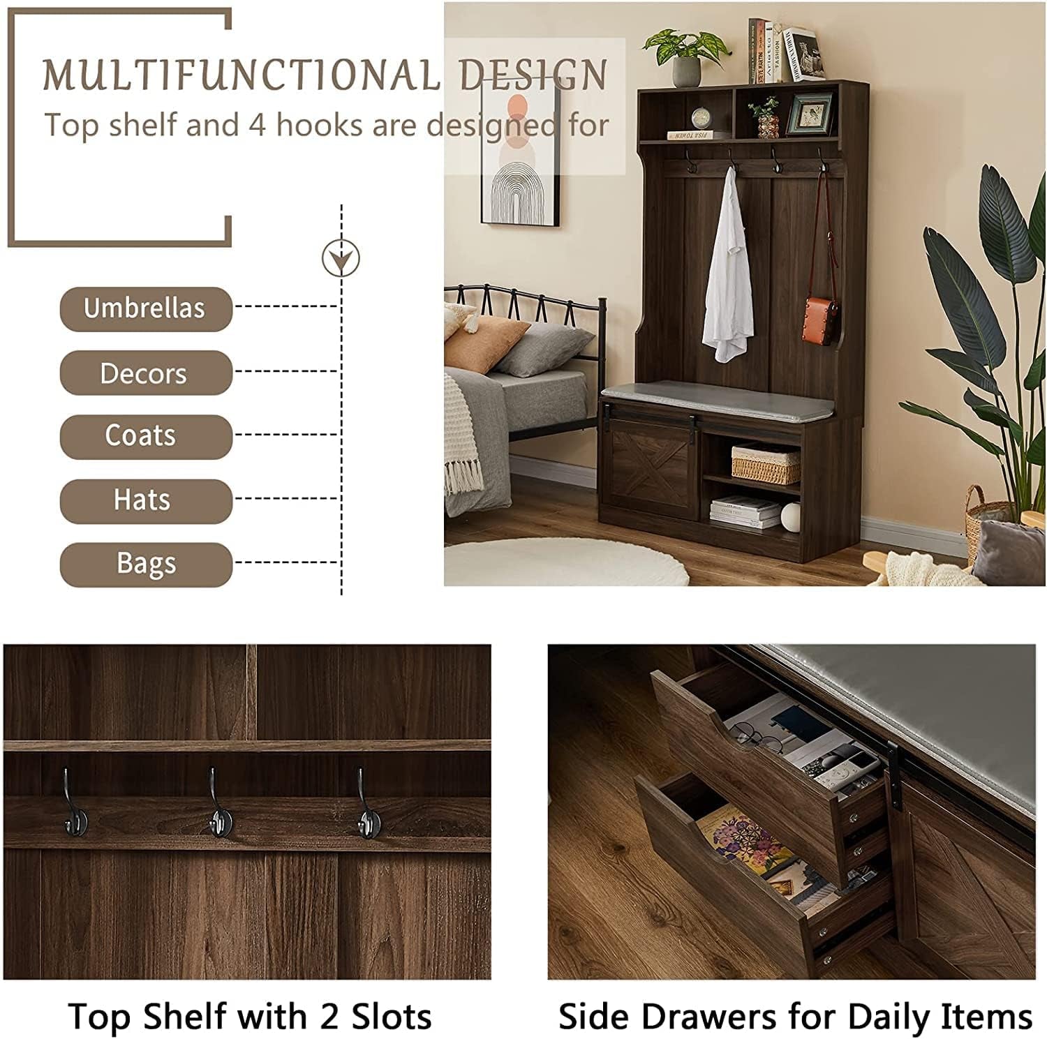 Hall Trees with Bench and Coat Racks, Farmhouse 71 Inch Entryway Bench with Sliding Barn Door, Wood Coat Tree Mudroom Storage Benches with Drawers (Walnut)