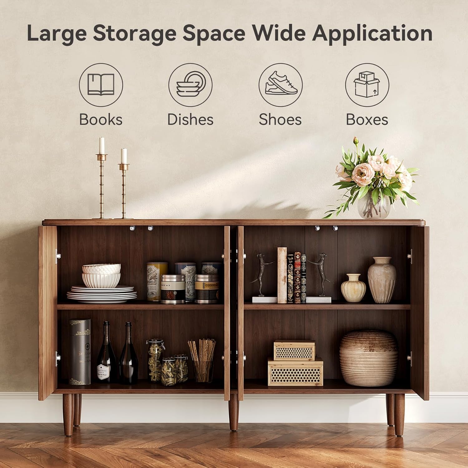 59-Inch Buffet Cabinet Sideboard with Storage, Modern Sideboard Buffet Table with Doors for Living Room, Dining Room (Walnut)