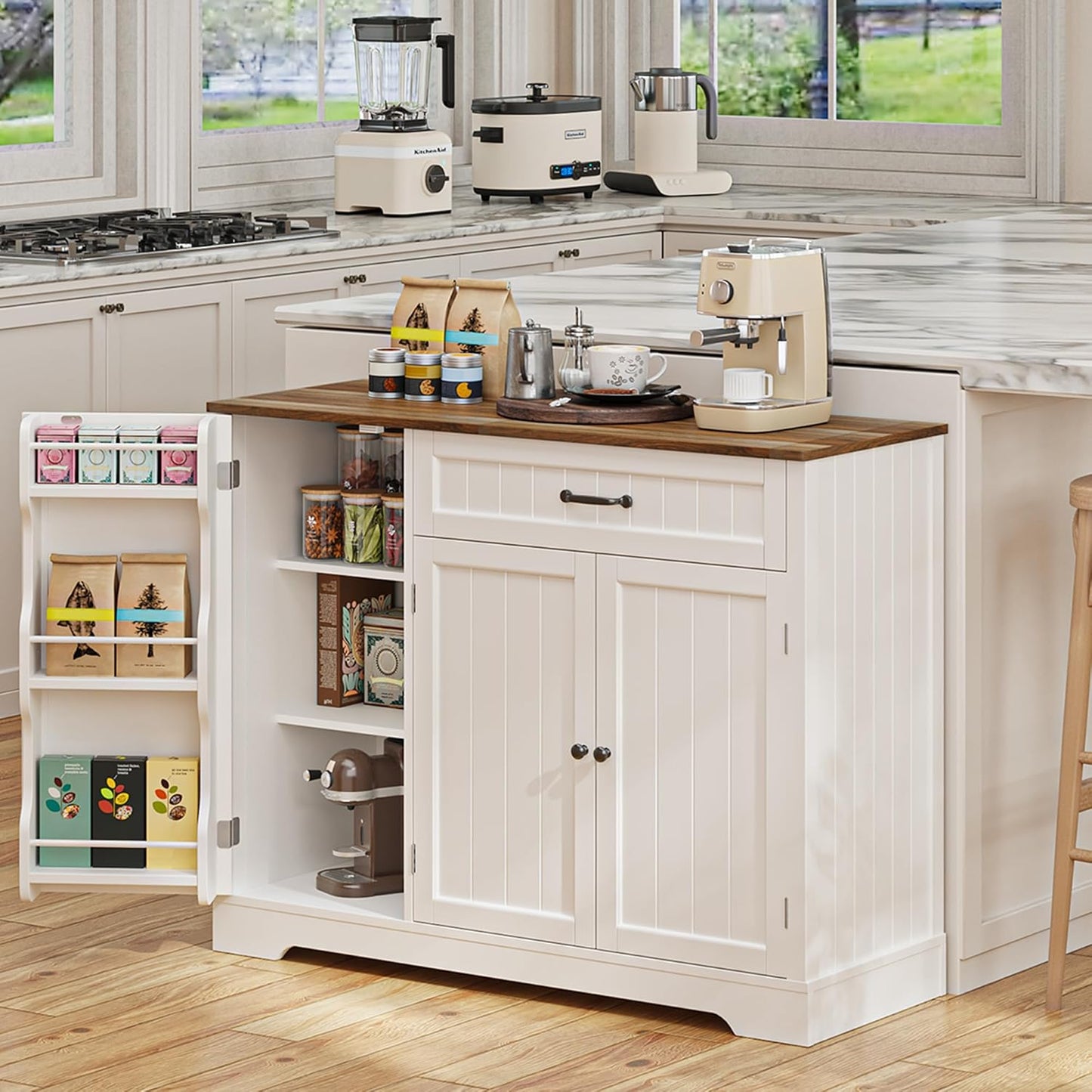 Kitchen Coffee Bar Cabinet with Storage Kitchen Sideboard Buffet Cabinet with Drawers, Short Pantry with Door and Shelves for Bathroom and Living Room, White and Rustic