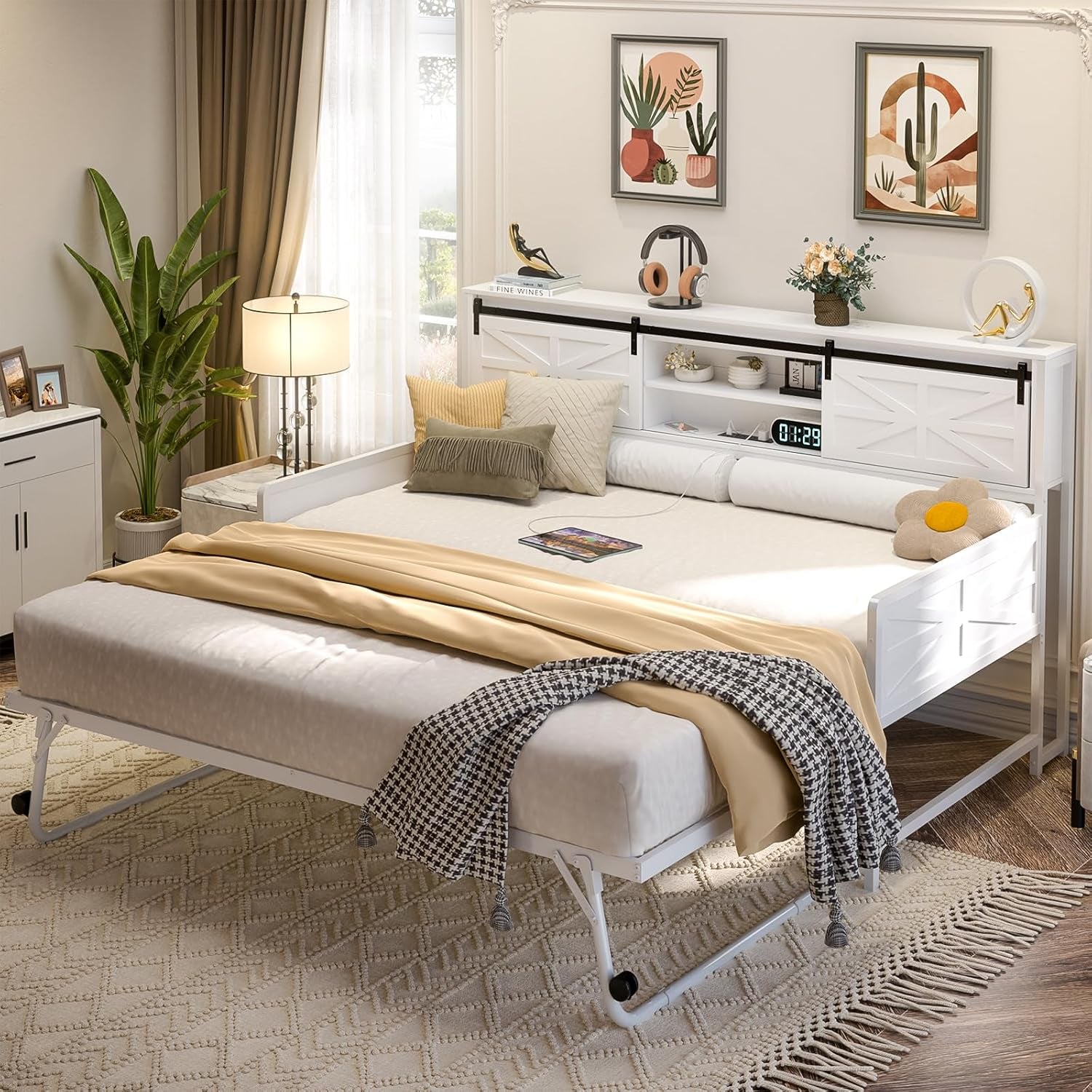 Daybed with Trundle, Farmhouse Twin Day Bed with Bookcase Headboard and Charging Station, Heavy Duty Metal Sofa Bed Frame with Pop-Up Trundle Bed for Living Room, Bedroom, White