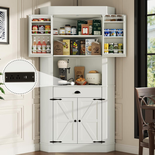 Corner Cabinet with Charging Station,73"Tall Kitchen Pantry Storage Cabinet with Drawer,Freestanding Kitchen Pantry Cabinets with Doors and Shelves,Farmhouse Food Hutch for Dining Room,Kitchens(White)