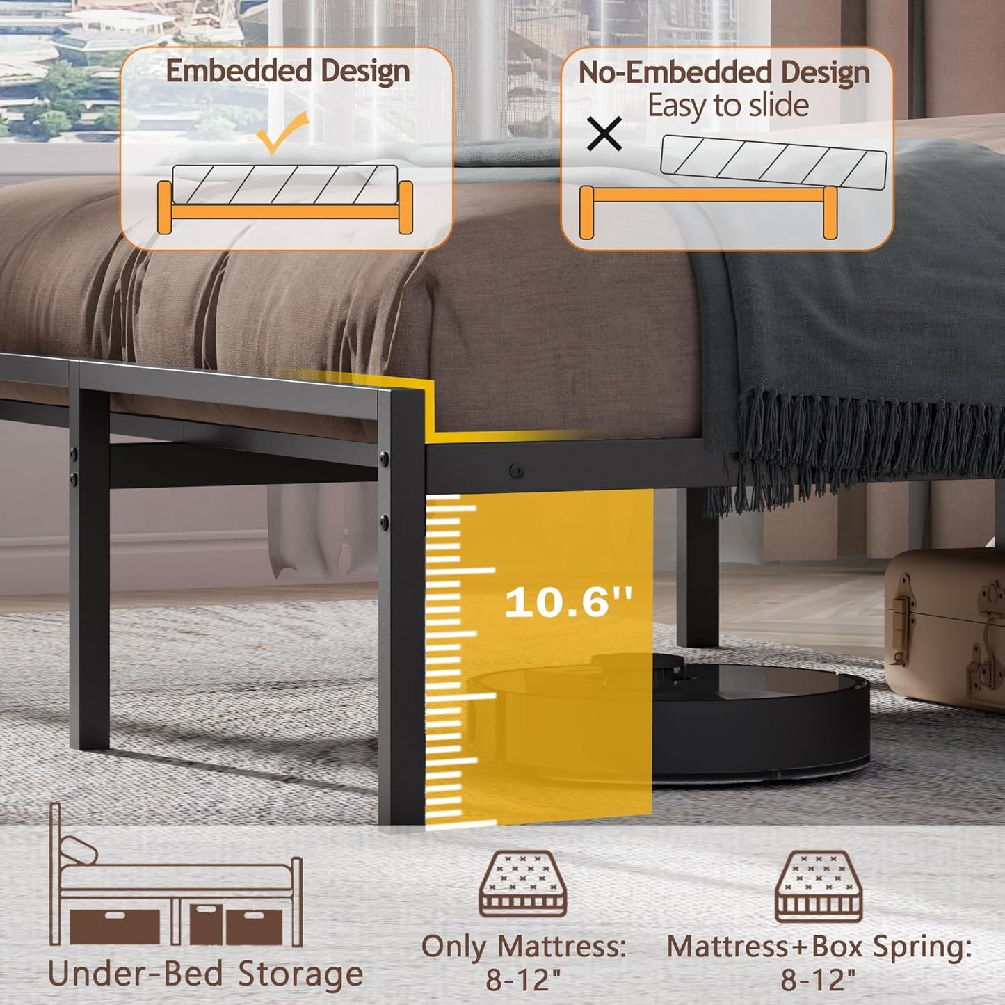 Full Size Bed Frame with Headboard, Bed Frame Full Size with LED Light and Charging Station, Black Metal Platform Bedframe and Storage Shelf, No Box Spring Needed, Noise Free