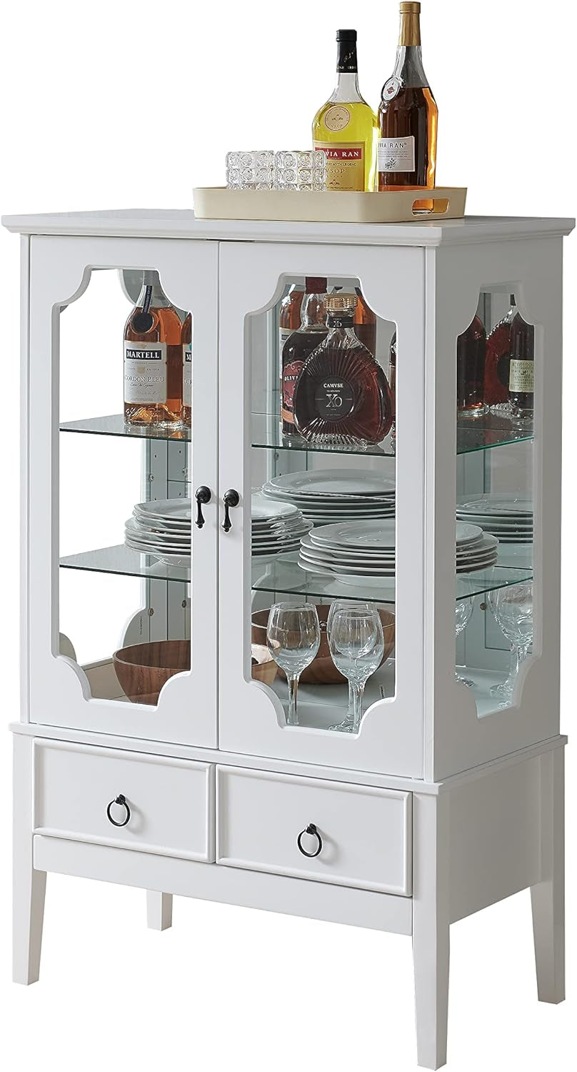 - Curio Accent Storage Cabinet with Doors, Glass Shelves & Drawers - Sideboard Buffet Display Cabinet for Living Room Dining Room Kitchen, White