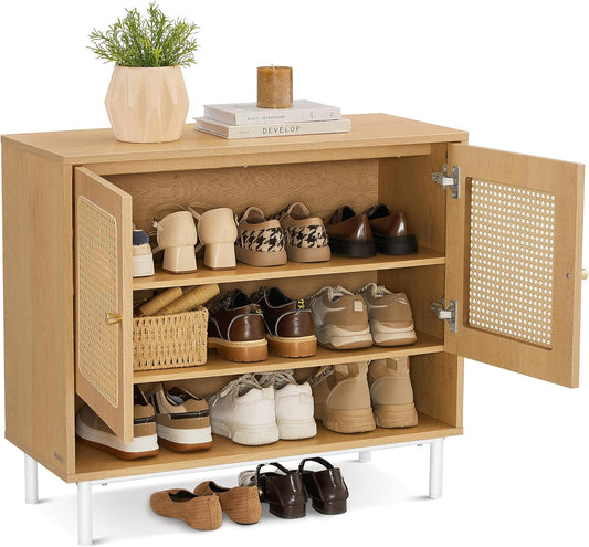 Natural Rattan 3-Tier Shoe Cabinet, 16 Pair Shoe Storage Cabinet, Boho Style Shoe Organizer with Height-Adjustable Shelves and Steel Legs, for Entryway, Closet, Hallway, Oak Beige ULBC049N01