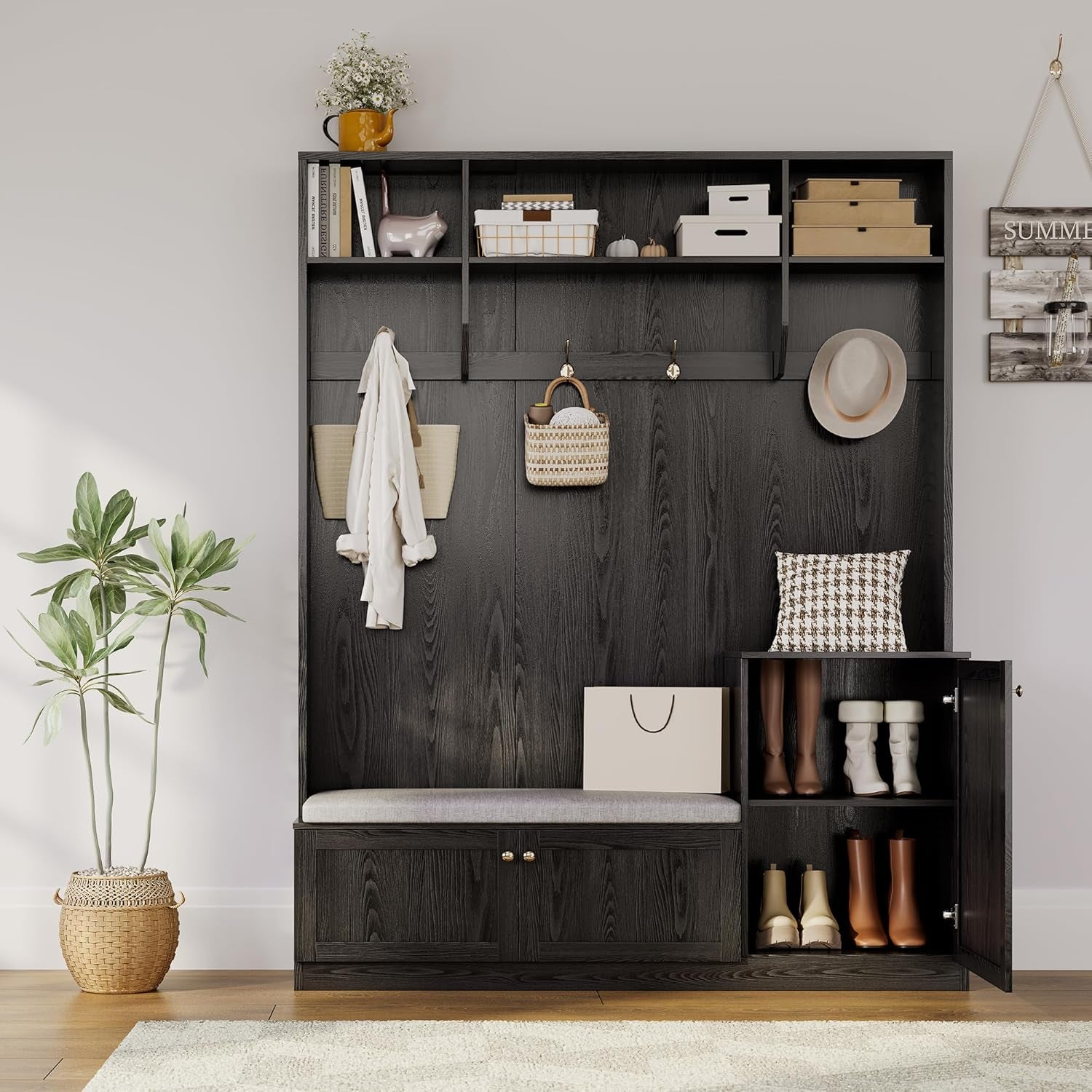 79 in Hall Tree, 5-In-1 Modern Entryway Bench with Coat Rack & Storage, Hall Tree with 4 Hanging Hooks, 3 Open Compartments & Adjustable Shelf, Coat Rack Freestanding for Entryway, Living Room, Black