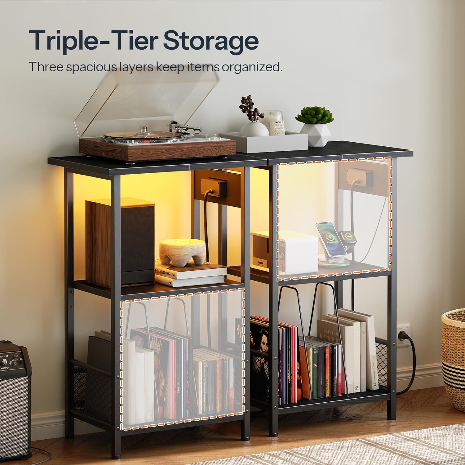 Record Player Stand with Charging Station and LED, Turntable Stand with Storage, 3 Tier End Table Hold up to 100 Albums, Record Table for Vinyl, Living Room, Black BB06UDRS01