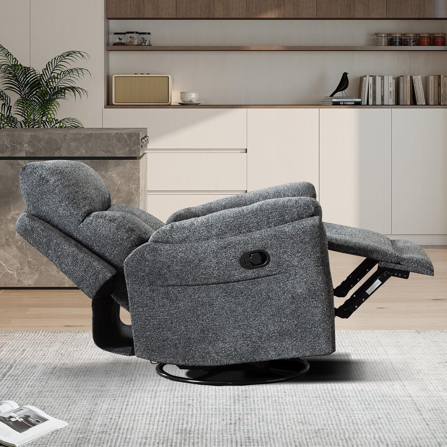 Rocker Recliner, Manual Swivel Recliner with Overstuffed Cushion, Nursing Chairs for Living Room, Swivel Glider Recliners with Soft Backrest, Dark Grey