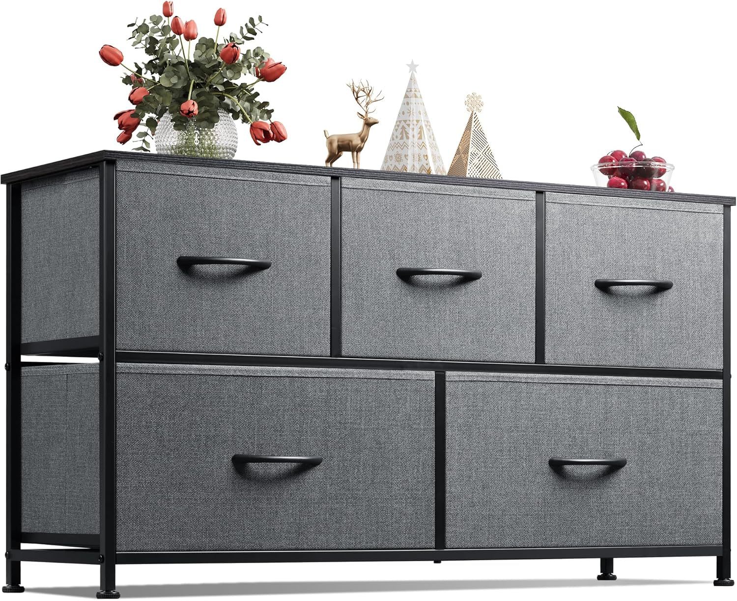 Dresser for Bedroom with 5 Drawers, Wide Chest of Drawers, Fabric Dresser, Storage Organizer Unit with Fabric Bins for Closet, Living Room, Hallway, Dark Grey