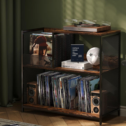 3 Tier Record Player Stand Holds up to 300 Albums with 4 Adjustable Divider for Turntable Stand, Large Vintage Record Player Table with Vinyl Record Holder Cabinet-Patent Pending