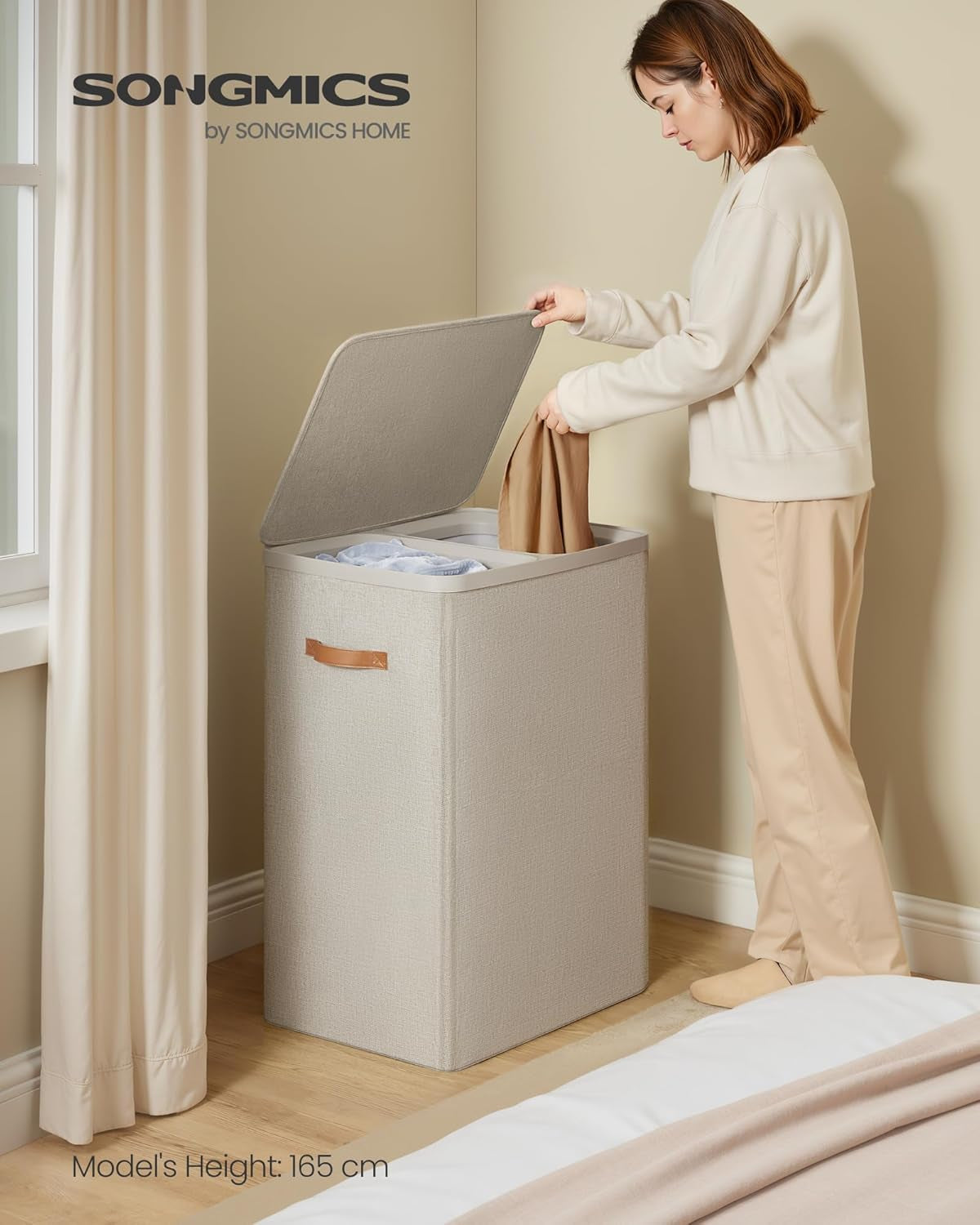 Laundry Basket, 44.9 Gal. Laundry Hamper, 2 Compartments, Easy Assembly, with Lid and Handles, Removable Liners, 22 X 15.7 X 29.5 Inches, Cappuccino Beige ULCB813L01