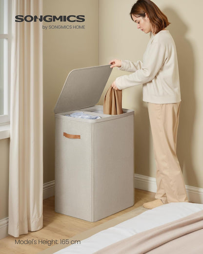 Laundry Basket, 44.9 Gal. Laundry Hamper, 2 Compartments, Easy Assembly, with Lid and Handles, Removable Liners, 22 X 15.7 X 29.5 Inches, Cappuccino Beige ULCB813L01