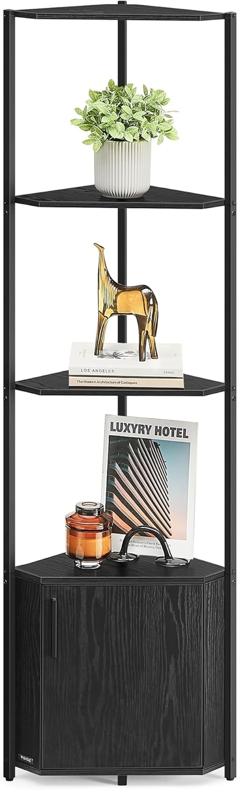 Corner Shelf with Storage, 5-Tier Corner Storage Cabinet, for Living Room, Bedroom, Kitchen, Bathroom, Ebony Black and Ink Black ULBC580B01