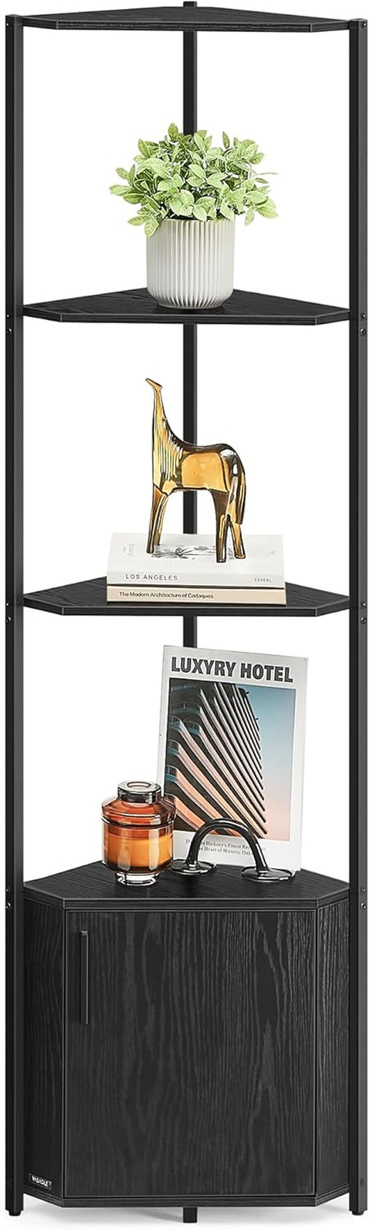 Corner Shelf with Storage, 5-Tier Corner Storage Cabinet, for Living Room, Bedroom, Kitchen, Bathroom, Ebony Black and Ink Black ULBC580B01