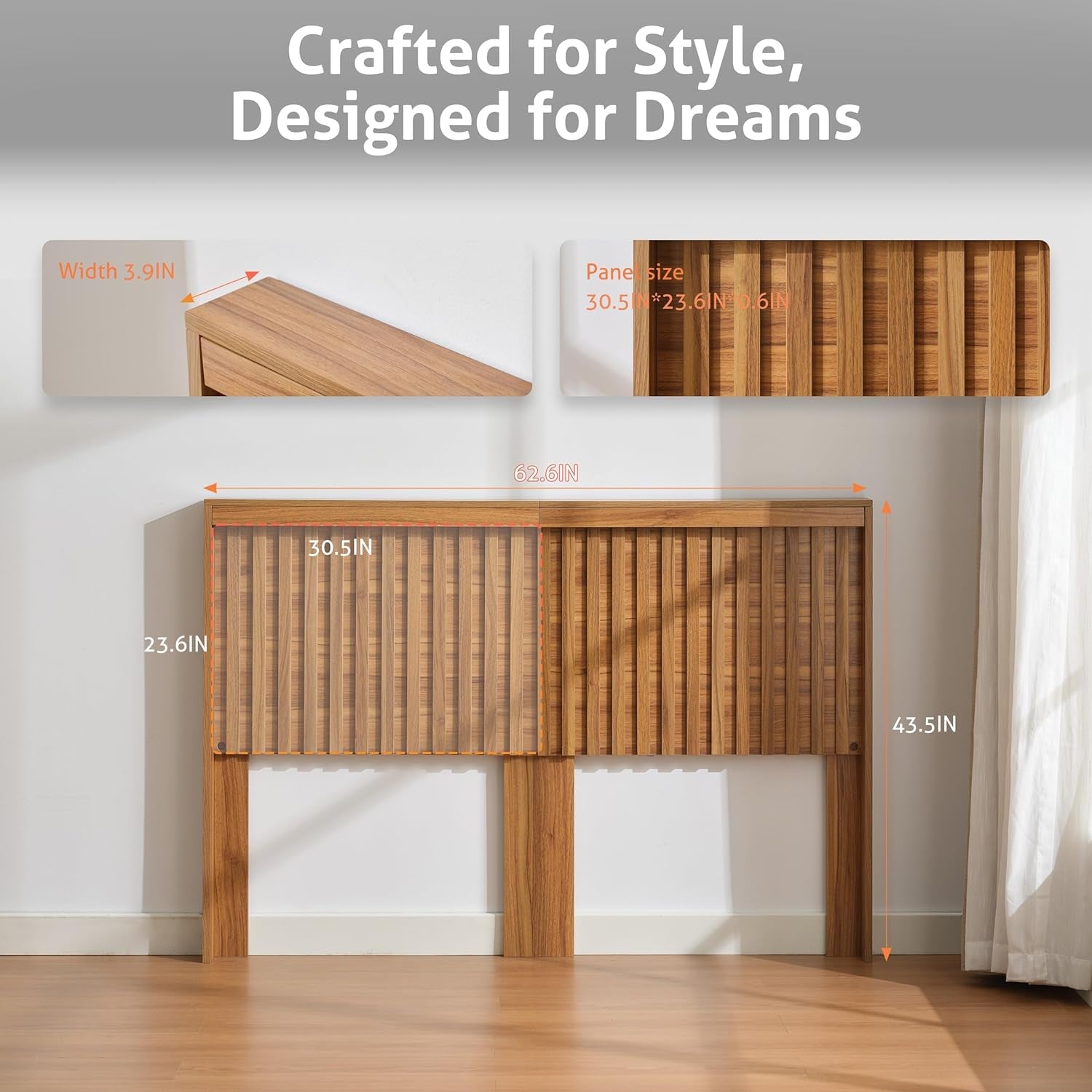 Headboard with Light Elegant Wood Design, 62.6 Inch Wide Headboard Only, Fluted Panel, Modern Farmhouse, Wall Mounted, Wingback (Wooden, Queen)