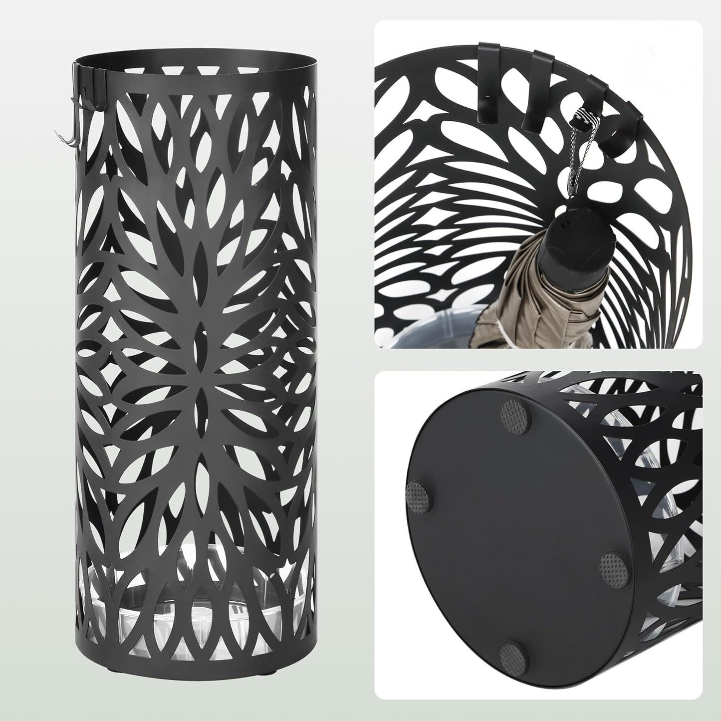 Umbrella Stand, Umbrella Holder for Entryway, Steel round Umbrella Rack Freestanding, for Canes Walking Sticks, with a Detachable Drip Tray, 2 Long and 2 Short Hooks, Matte Black ULUC022B01
