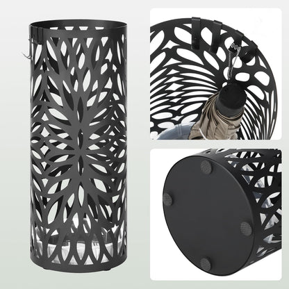 Umbrella Stand, Umbrella Holder for Entryway, Steel round Umbrella Rack Freestanding, for Canes Walking Sticks, with a Detachable Drip Tray, 2 Long and 2 Short Hooks, Matte Black ULUC022B01