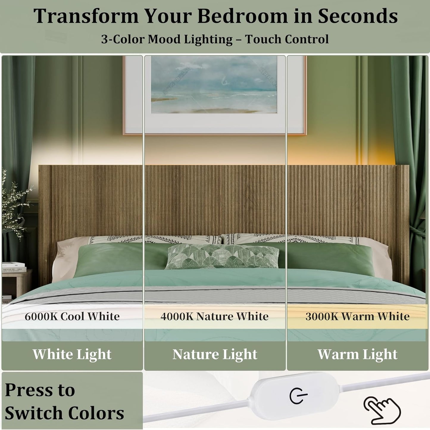 King Size Headboard Only, Modern Fluted Wall-Mounted Head Board with Lighting, Boho Wood Bed Headboard Stylish Bedroom Decor, Natural