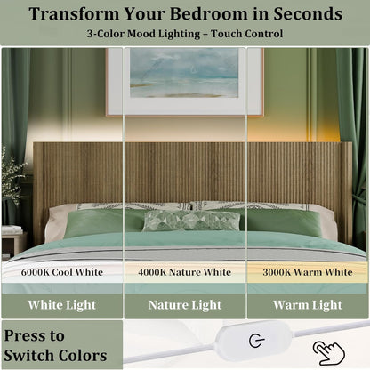 King Size Headboard Only, Modern Fluted Wall-Mounted Head Board with Lighting, Boho Wood Bed Headboard Stylish Bedroom Decor, Natural
