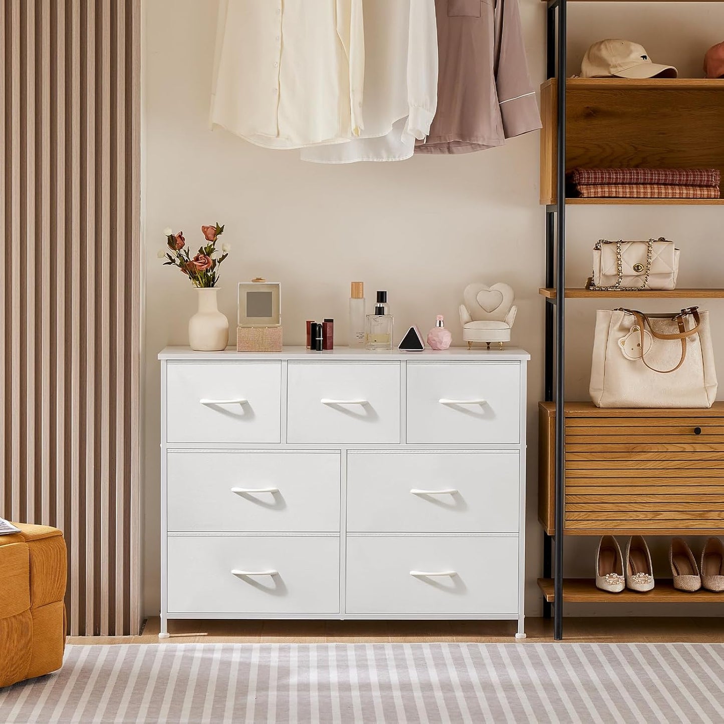 7 Drawer Dresser for Bedroom, Wide Fabric Storage Tower with Wooden Top and Metal Frame, Closet Chest Organizer Furniture, TV Stand for Living Room Hallway, White