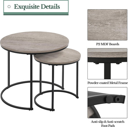 Nesting Coffee Table Set of 2, Nesting Table, Rustic Stacking Side Tables, Nesting End Table Set W/Round Wooden Tabletop and Sturdy Metal Base for Living Room,Small Space, Gray | Nesting Table, Rustic, Stacking Side Tables, Living Room, Small Space