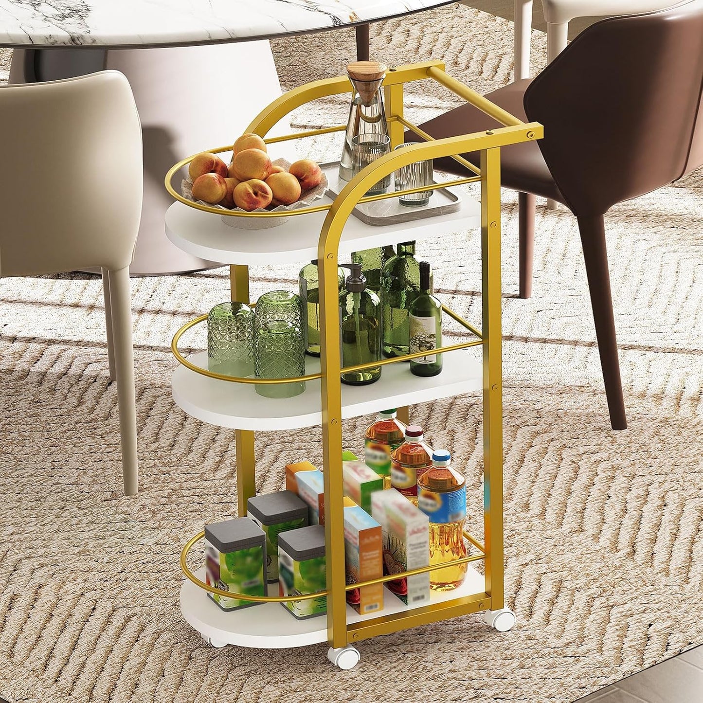 3-Tier Bar Cart, Home Bar Serving Cart with Fence and Wheels, for Dining Room, Living Room, Garden, Party, White and Gold BC06DW