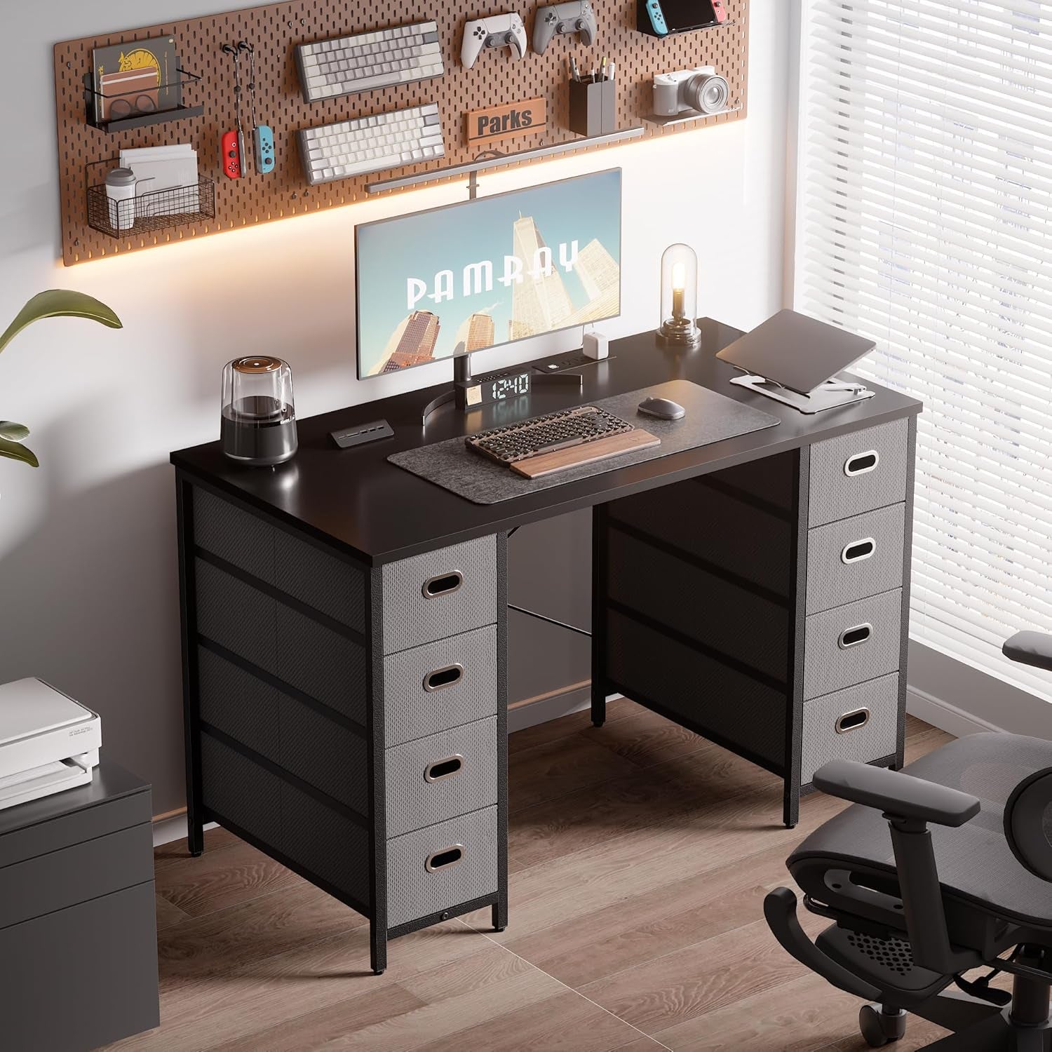 47 Inch Computer Desk with 8 Fabric Drawers PC Gaming Desk Home Office Study Work Writing Table for Bedroom Brown