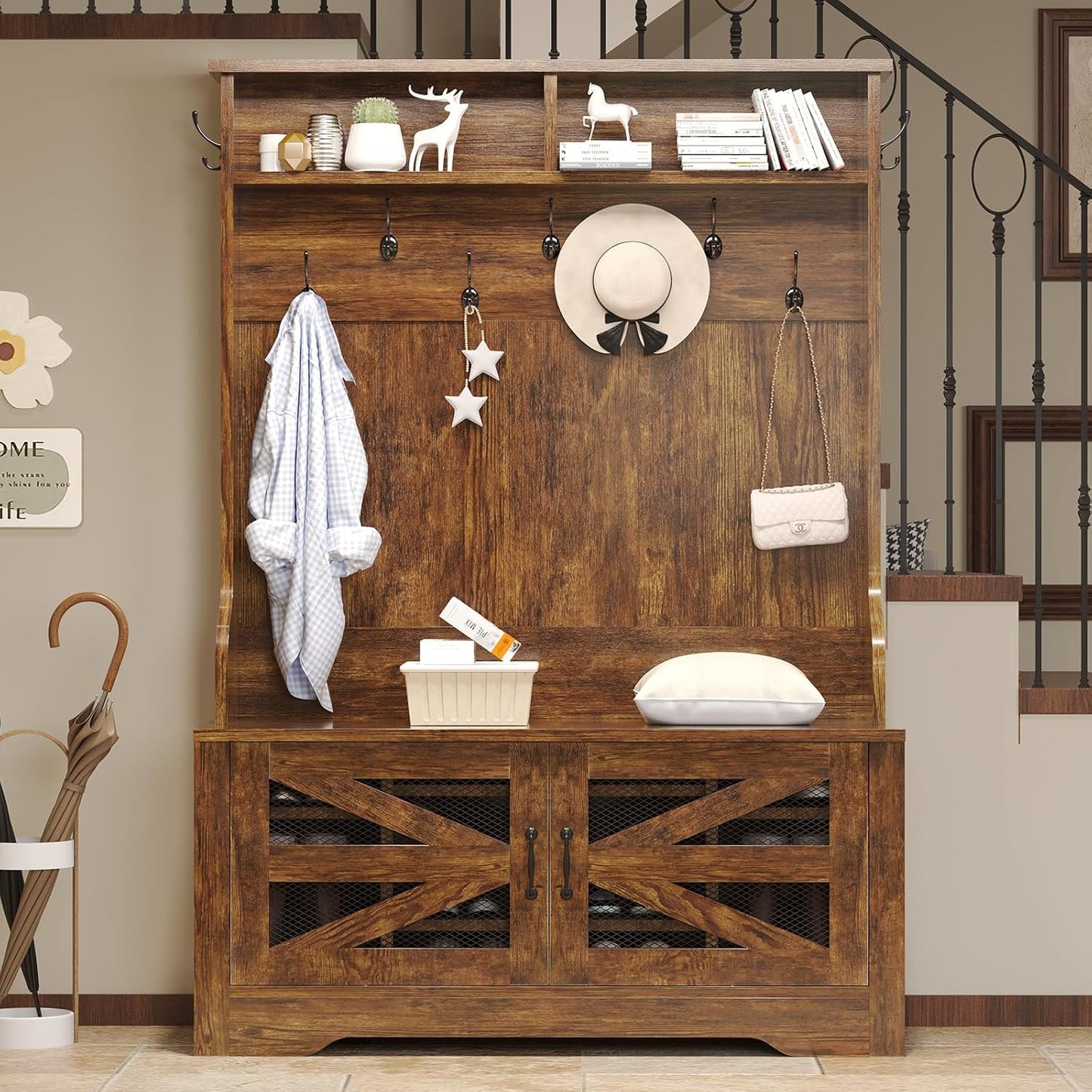 Hall Tree with Bench and Shoe Storage, 5-In-1 Entryway Bench with Coat Rack, 10 Shoe Cubbies & 9 Coat Hooks, Barn Door & Adjustable Shelf (Rustic Brown)