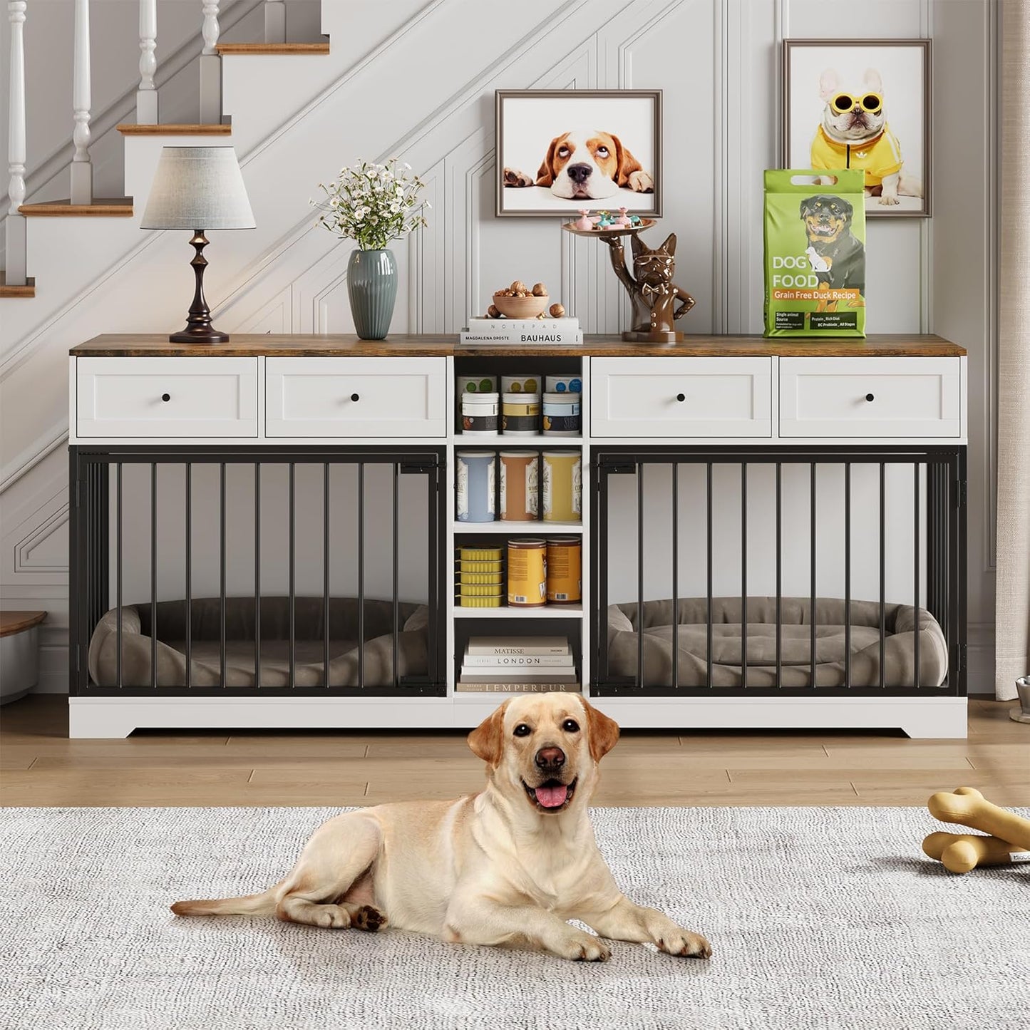 82" Double Dog Crate Furniture, Large Dog Kennel Indoor for 2 Dogs, Heavy Duty Wooden Dog Crate TV Stand with 4 Drawers and Shelves, White/Brown