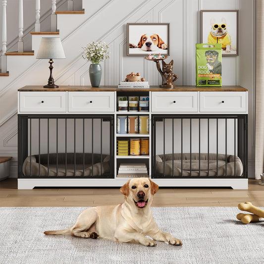 82" Double Dog Crate Furniture, Large Dog Kennel Indoor for 2 Dogs, Heavy Duty Wooden Dog Crate TV Stand with 4 Drawers and Shelves, White/Brown