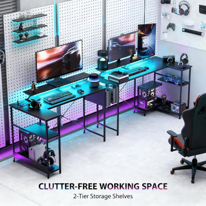 Reversible L Shaped Computer Desk with Built-In Charging Station and RGB LED Light, Home and Office Corner Desk with Ergonomic Monitor Stand