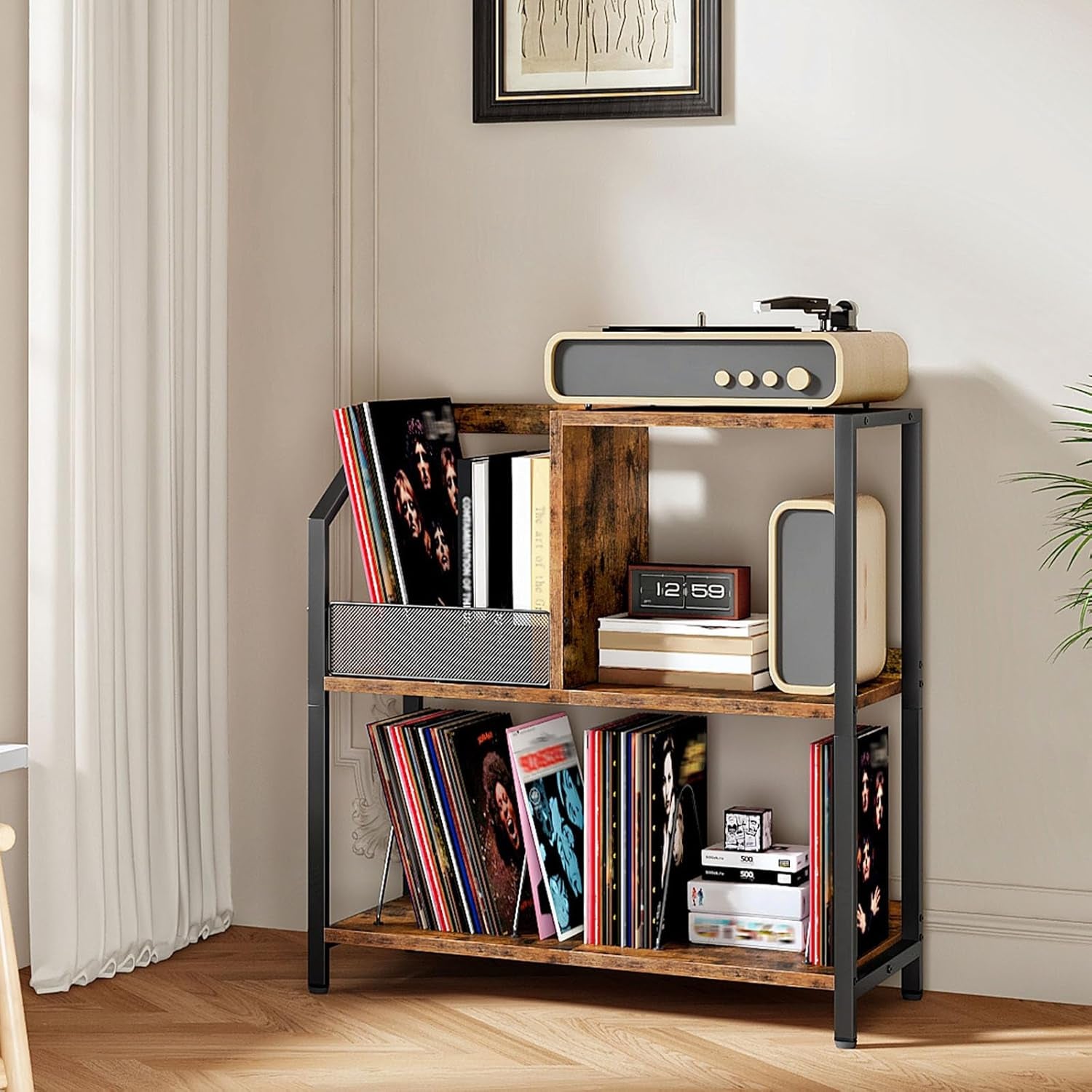 Large Record Player Stand, Vinyl Record Holder, Vinyl Display Rack, Rustic Turntable Display Stand, for Books, Rustic Brown and Black TCW08BF
