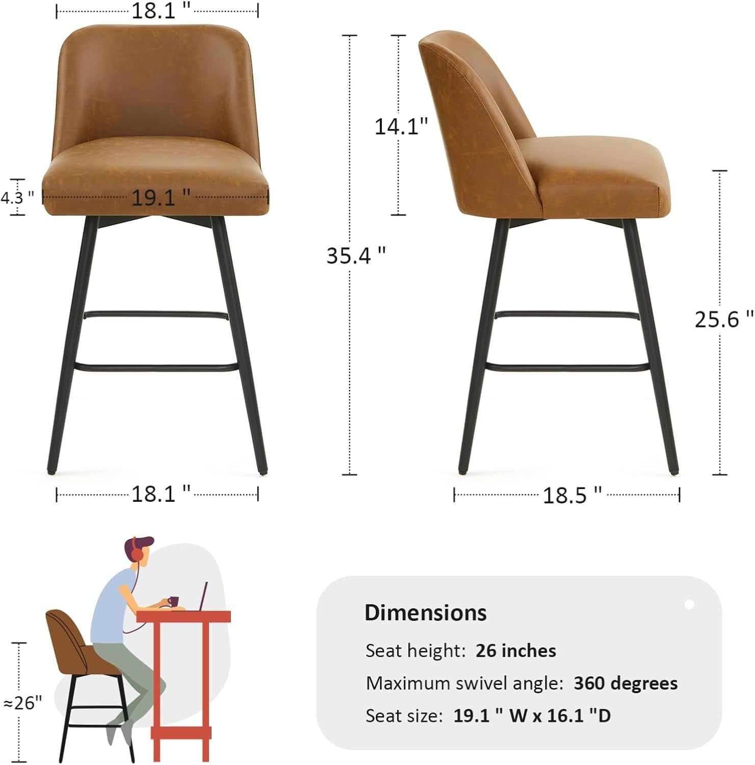 360°Swivel Counter Height Bar Stools Set of 2,Upholstered Morden Kitchen Barstools with High Backs,26" H Seat Height,Faux Leather (Faux Leather-Saddle Brown , 2 Pieces - 26" Counter Height)