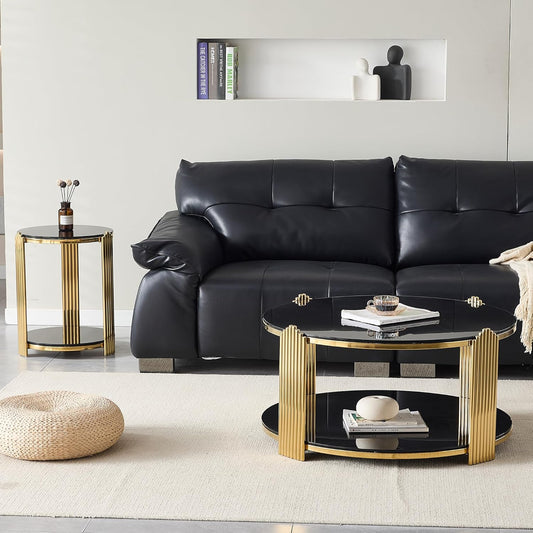 Round Living Room Table Set of 3 Include 1 Coffee Table and 2 End Tables, Black Tempered Glass Top, Sturdy Steel Frame, Gold Finish & Lower Shelf, Black Gold Coffee End Table Set for Living Room