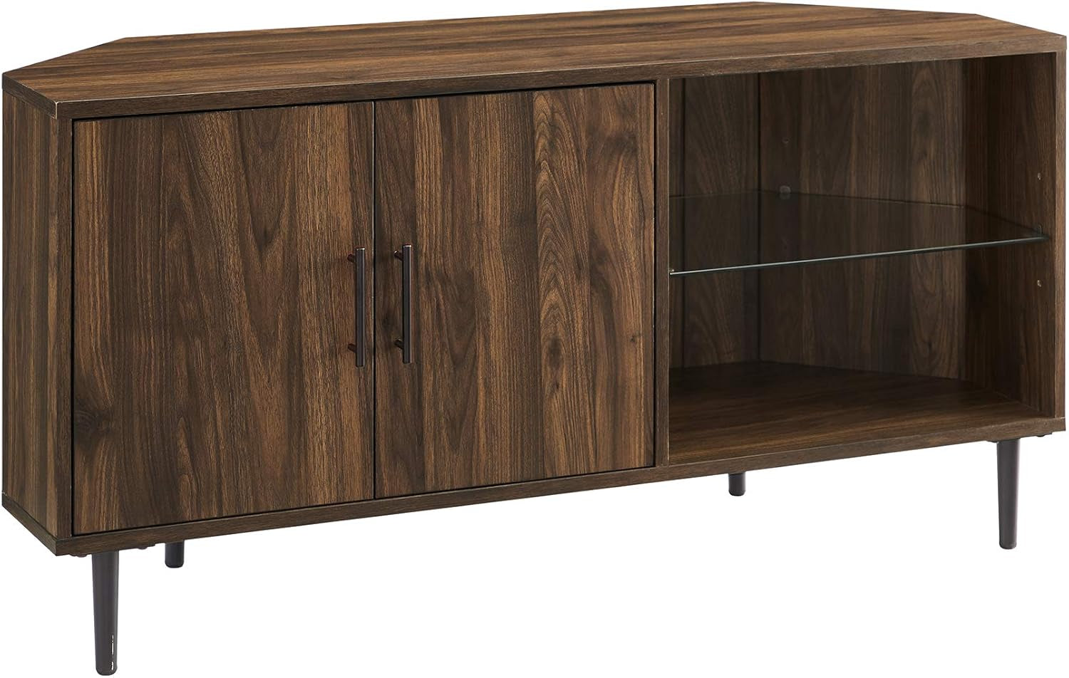 2 Door Glass Shelf Corner Stand Console, Fits Tvs up to 55", 48, Dark Walnut