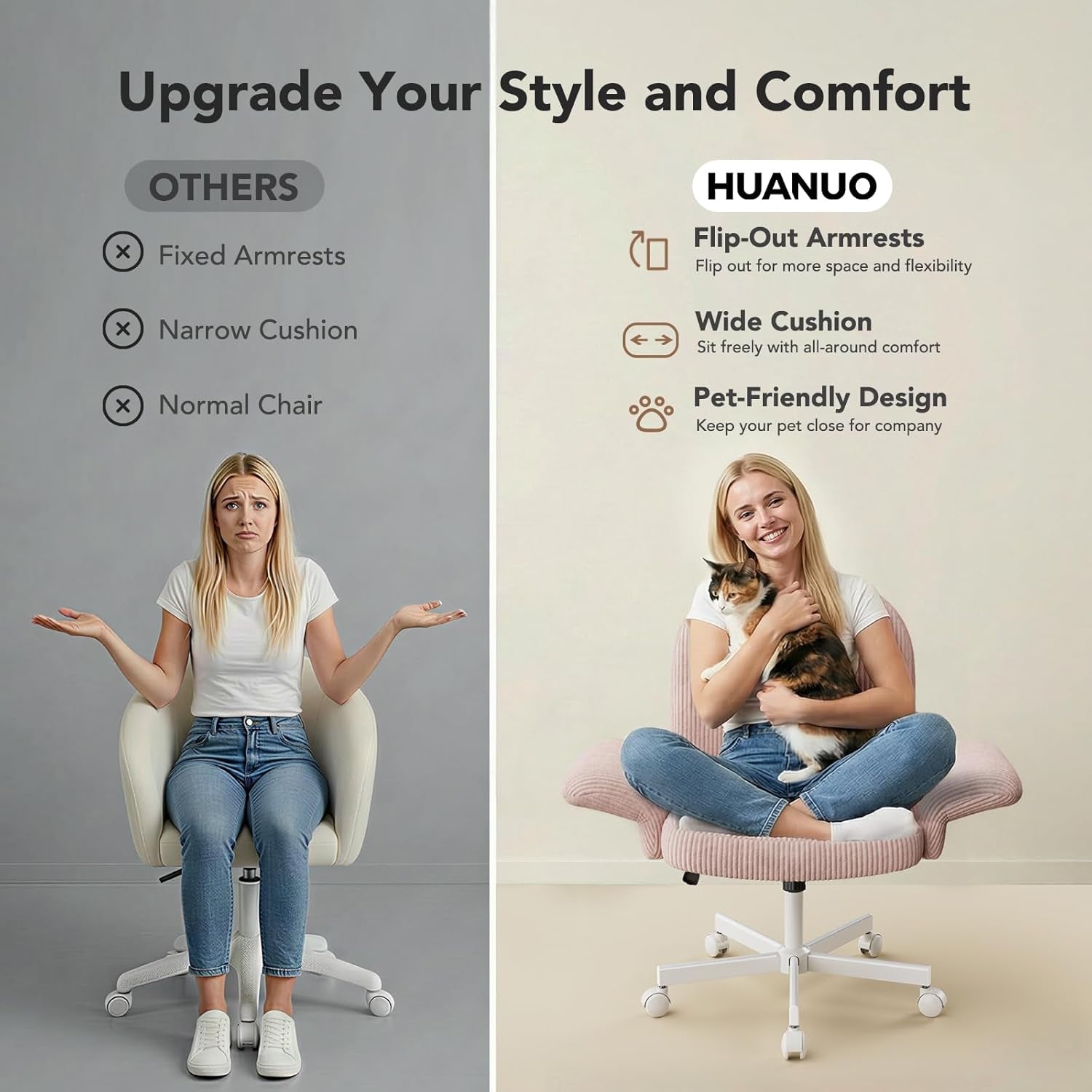 Criss Cross Office Chair for Women, Cross Legged Desk Chair with Adjustable Armrests, Soft Corduroy Fabric for Small Spaces, Petite Home Office Computer Chair for Girls, Pink