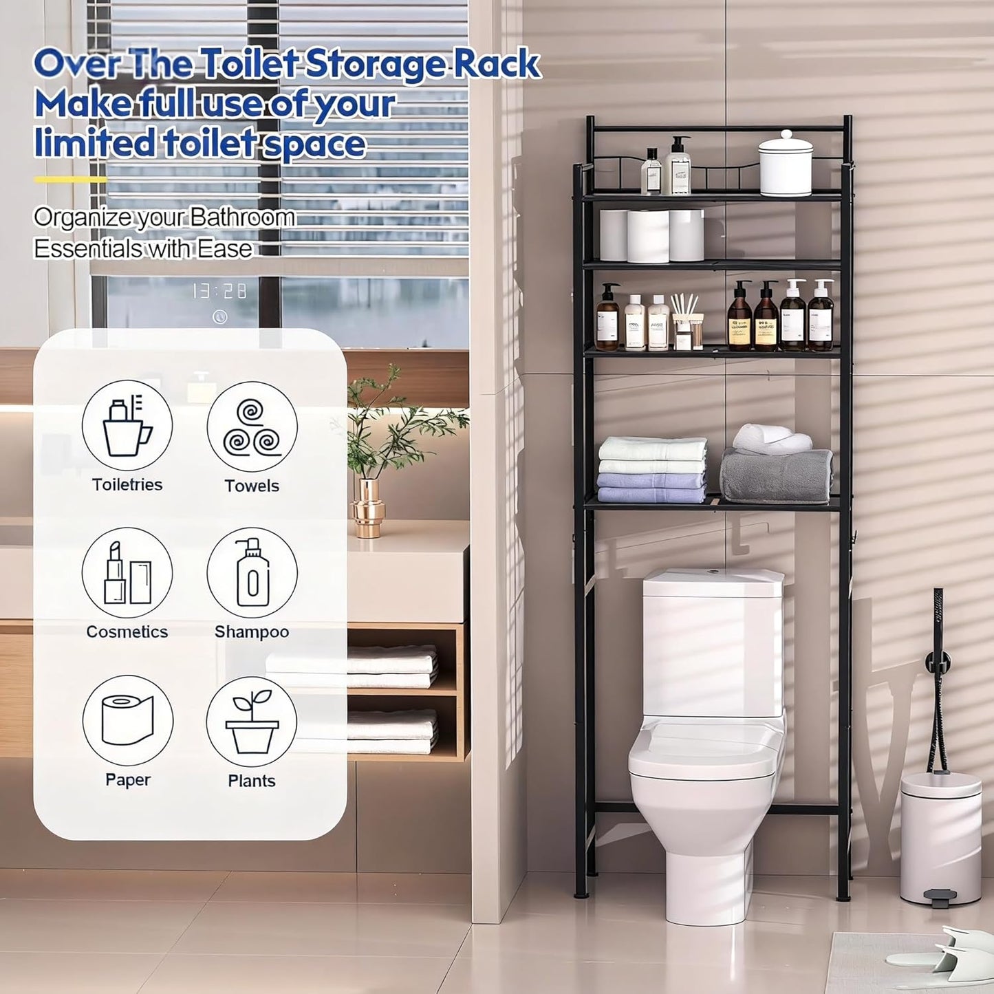 Over Toilet Bathroom Organizer, 59.75" H 3-Shelf Steel Storage Unit Wall Mount, Black — Better Stability Bathroom Shelves for Towels, Paper & Utility Room, 30 Lbs Capacity