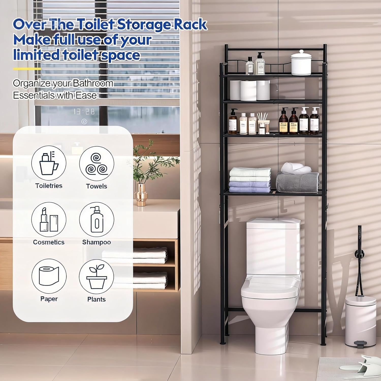 Over Toilet Bathroom Organizer, 59.75" H 3-Shelf Steel Storage Unit Wall Mount, Black — Better Stability Bathroom Shelves for Towels, Paper & Utility Room, 30 Lbs Capacity