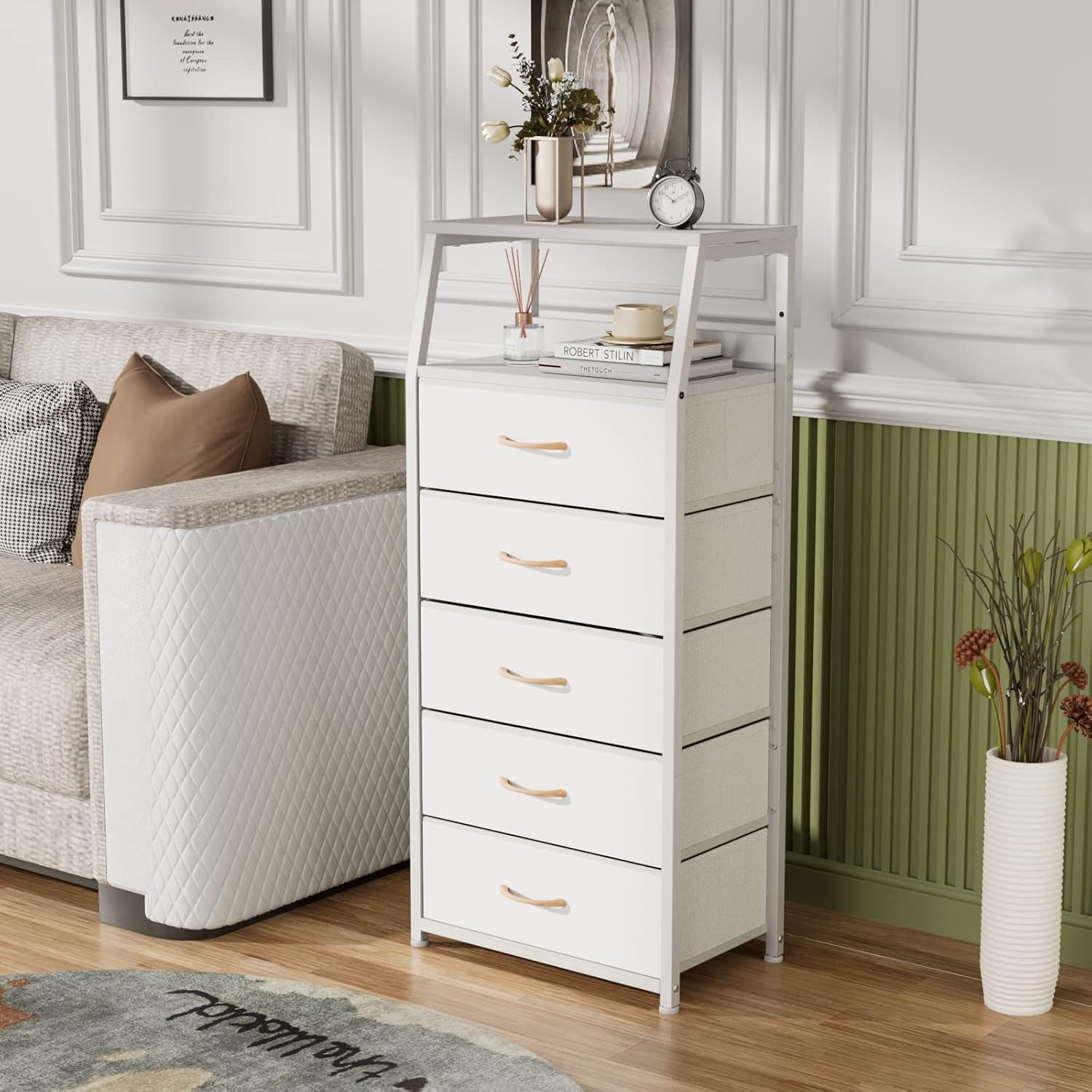 White Dresser with 5 Drawers, Vertical Storage Tower Fabric Dresser for Bedroom, Hallway, Entryway, Nursery, Closet Organizer, Nightstand Bedside Table Furniture, Sturdy Steel Frame, Wood Top