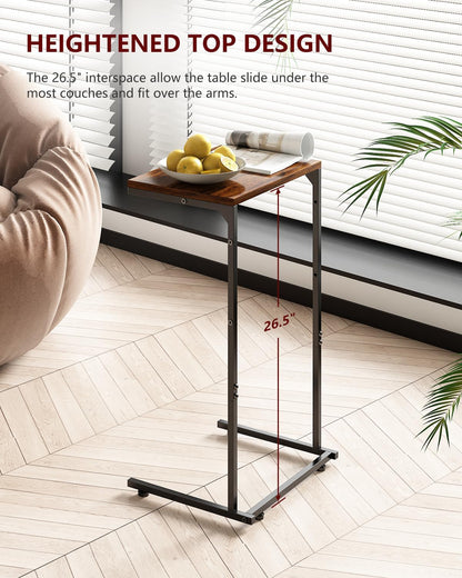 C Shaped End Table, Small Side Table for Couch and Recliner, Slide under Sofa Tray Desk with Storage Bag for Living Room and Bedroom, Rustic Brown