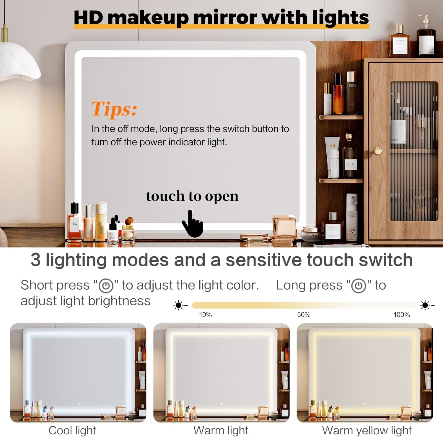 Vanity Desk with 29.53" HD Lighted Mirror, 47.24" Big Modern Vanity Desk with Mirror and Lights, Makeup Vanity with 5 Drawers and Storage Shelves and Charging Station, Brown