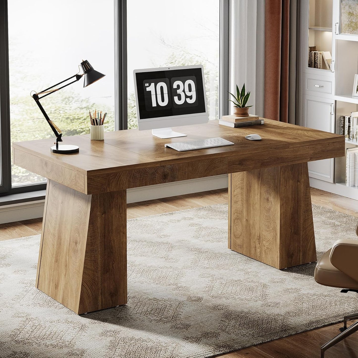 55 Inches Executive Desk, Mid-Century Modern Home Office Desk, Wood Computer Table Business Workstation Small Conference Table, Light Brown