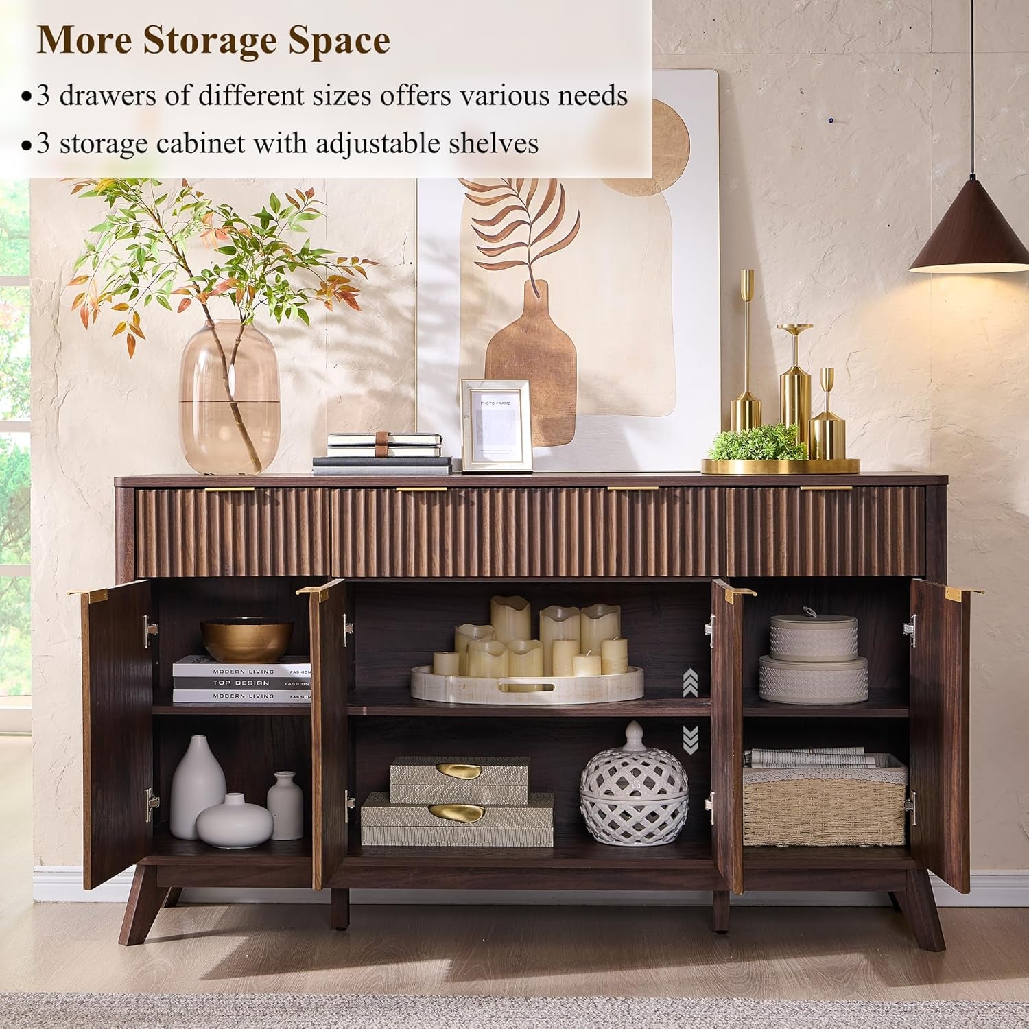 Fluted Buffet Sideboard Cabinet with Storages, 60" Large Modern Buffet Table Coffee Bar Wine Bar Storage Cabinet with 3 Drawers & 4 Doors for Dining Room, Living Room, Hallway(Dark Walnut)