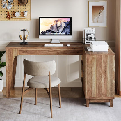 L-Shaped Desk with Storage Cabinet, 57-Inch Wood Corner Workstation, Home Office Computer Desk, Study Writing Table for Bedroom, Walnut