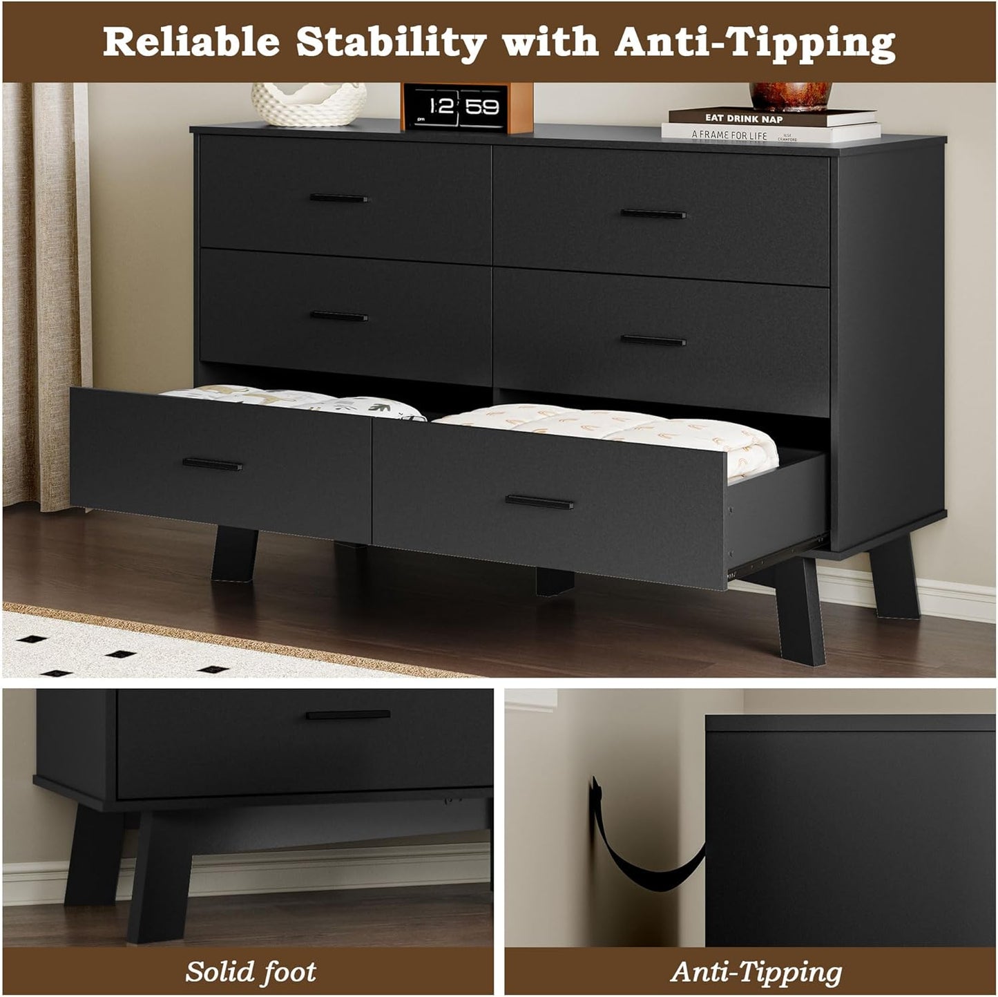 Dresser for Bedroom with 6-Drawer, 47.2" Modern Chest of Drawers with Metal Handles, X-Shape Base & Adjustable Center Leg, Anti-Tip Closet Organizers and Storage